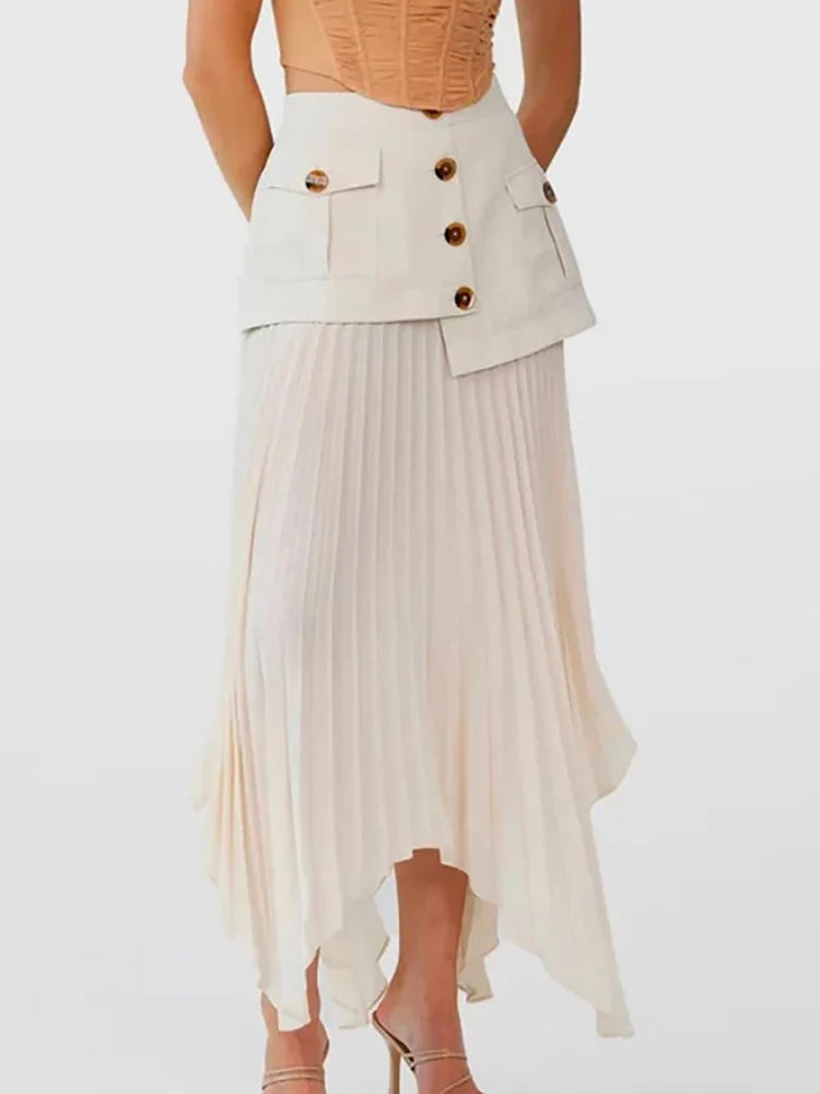 High Waist Spliced Single Breasted Pleated Irregular Skirt!