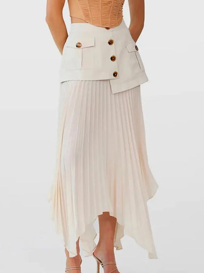 High Waist Spliced Single Breasted Pleated Irregular Skirt!