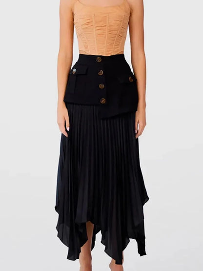 High Waist Spliced Single Breasted Pleated Irregular Skirt!