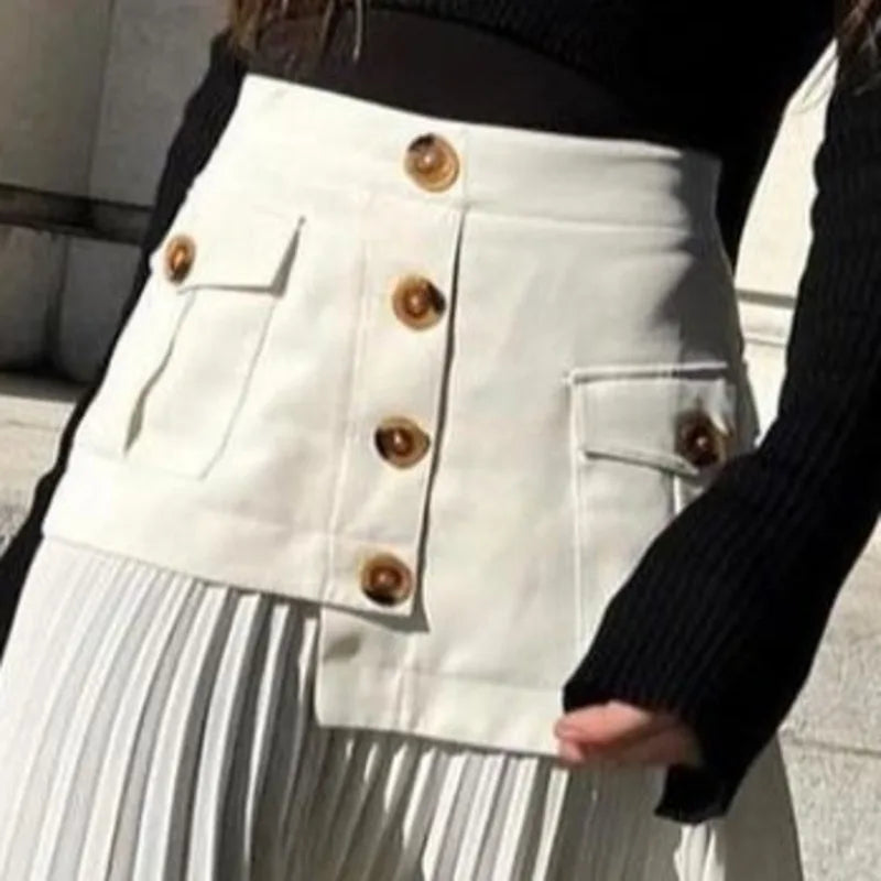 High Waist Spliced Single Breasted Pleated Irregular Skirt!